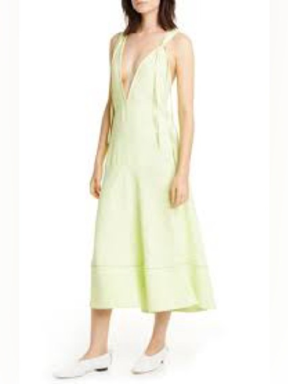 PROENZA SCHOULER White Label Plunging Shoulder Tie V-Neck Midi Dress Celery Sz 8 - Picture 3 of 16